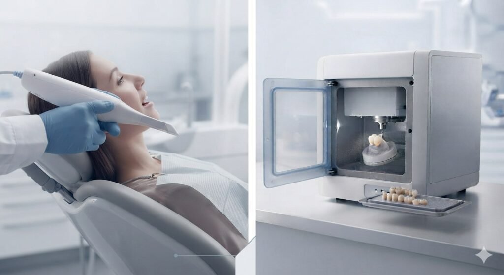 An intra-oral digital scanner use on a patient and a chairside dental milling unit ready to mill a milling block.